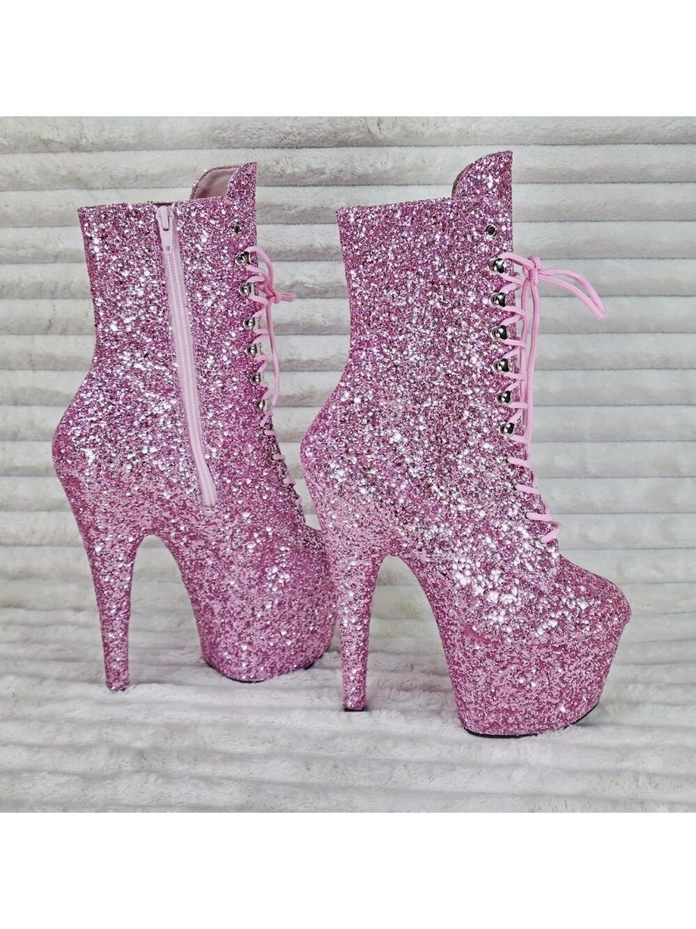 Adore Pink Glitter 7" High Heel Platform Lace Up Ankle Boots